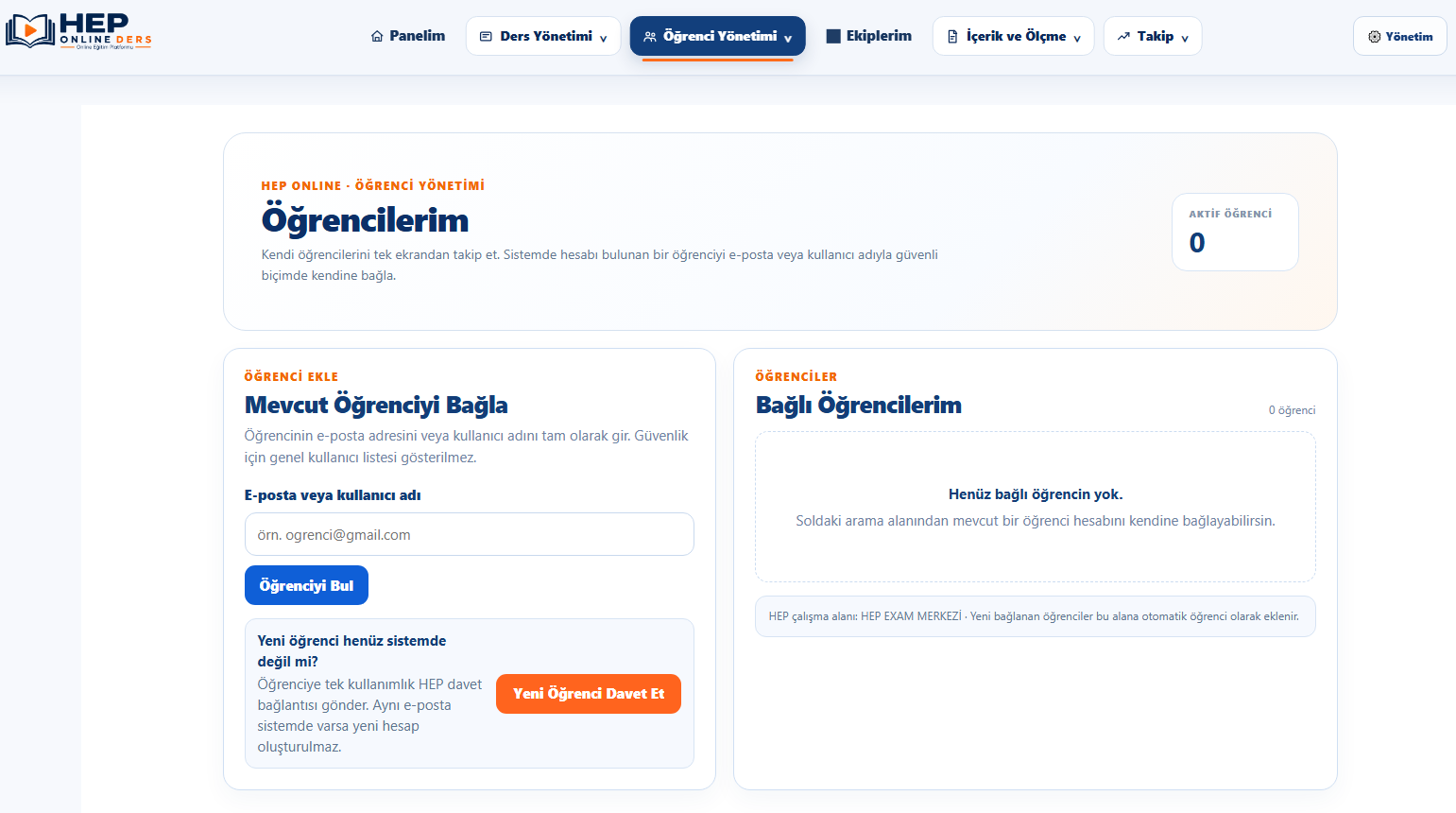 HEP ONLINE Öğrenci Yönetimi ekranı