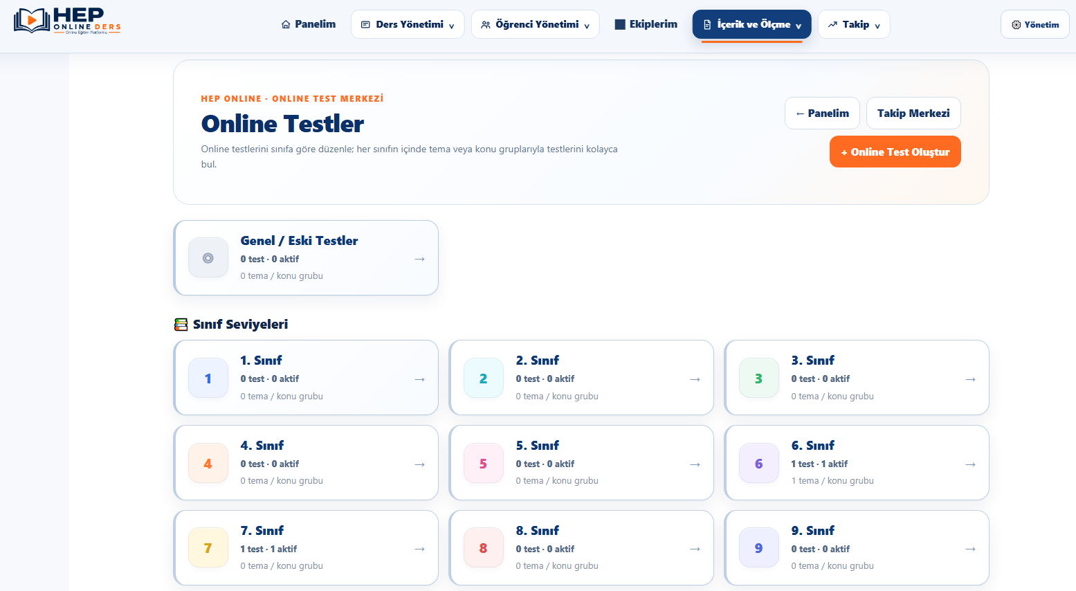 HEP ONLINE Online Testler ekranı